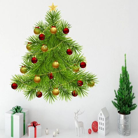 Christmas Tree Wall Sticker PVC Waterproof Removable Decal Colorful Balls Star Decoration Living Room Bedroom
