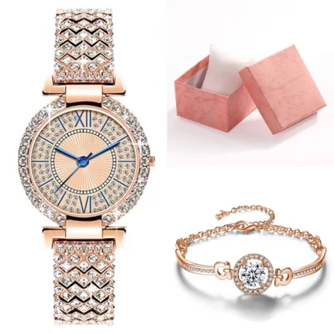 Full Rhinestone Women Bracelet Watch And Jewelry Bracelet Elegant Fashion Alloy Quartz Wristwatch Roman Numerals