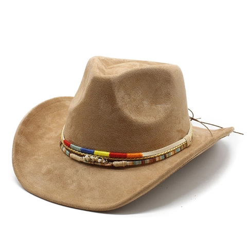 Cappello Da Cowboy Western Scamosciato Fascia Intrecciata Etnica Decorazione Conchiglia Falda Larga Fedora Retrò Per Uomini Donne