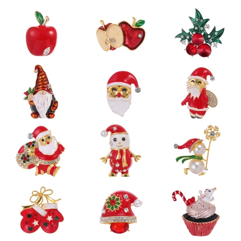 Spilla Di Natale Lega Smalto Strass Perla Artificial Imitazione Babbo Natale Pupazzo Di Neve Mela Gioielli Festivi Regalo