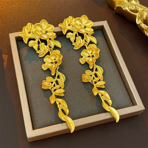 Lange Kwastjes Oorbellen Met Bloem En Blad Motief Met 925 Sterling Zilveren Oorsteker Koper Elegante Sieraden Voor Dames