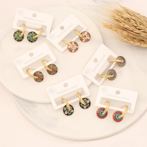 Vintage Stainless Steel Enamel Floral Pattern Stud Earrings Bohemian Colorful Round Geometric Jewelry For Women