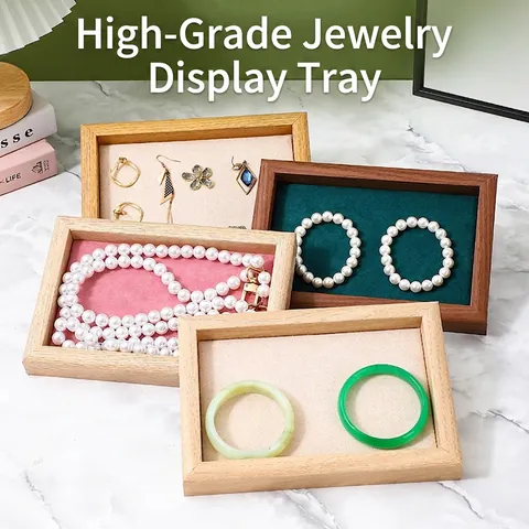 Wood Jewelry Display Tray Velvet Lining Ring Earring Watch Necklace Storage Organizer Elegant Desktop Showcase