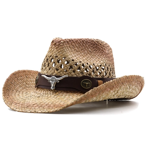 Western Cowboy Stropop Vintage Ademend Hol Weefsel Brede Rand Met Bull Head Legering Decoratie Mannen Vrouwen Outdoor Strand