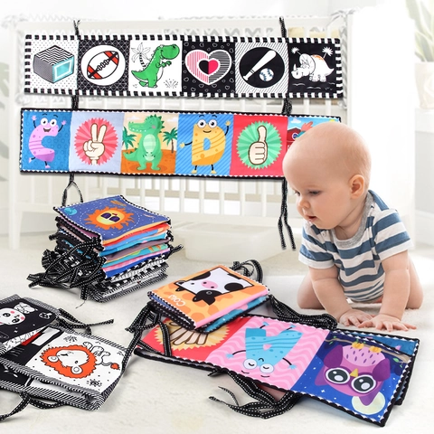 Baby Soft Cloth Book Bed Surround High Contrast Black White Sensory Toy Newborn Visual Stimulation Crinkle Paper Squeaker Tear Resistant Washable Educational Infant Toy