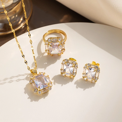 Titanium Staal Vierkant Zirkoon Ketting Oorbellen En Ring Luxe Halo Retro Bruidssieraden Voor Vrouwen