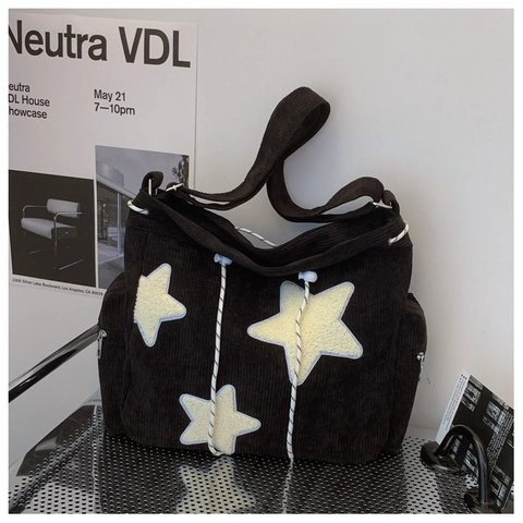 Hobo Bag Women Corduroy Large Capacity Star Patchwork Drawstring Crossbody Shoulder Tote Casual Y2K Streetwear