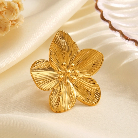 Übertriebener 18K Vergoldeter Edelstahl Blumenring Für Damen Mode Offen Verstellbar Statement Finger Schmuck