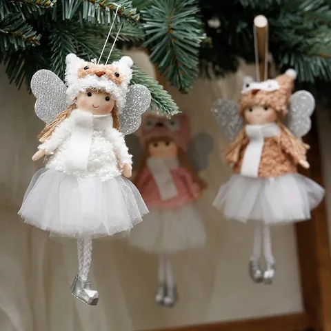 Christmas Angel Doll Hanging Ornament Plush Mesh Tulle Wings Xmas Tree Decorative Fairy Girl Doll For Holiday Party