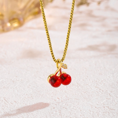 Zoete Kers Hanger Ketting Voor Dames Meisjes Realistische Fruit Titanium Staal Ketting Koper Zirkoon Sieraden Elegant