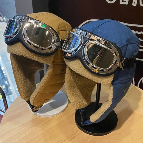 Colbacco da Pilota Retrò Unisex Con Occhiali Invernale Caldo Fodera in Pelliccia Sintetica Protezione Orecchie Antivento Cappello da Ciclismo