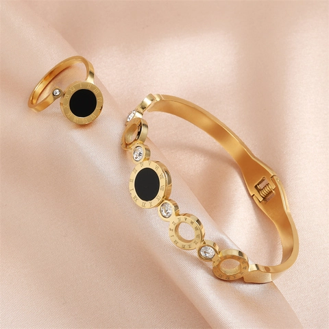 Edelstahl Schmuck Roemische Ziffern Armreif Und Offener Ring Mit Schwarzem Emaille Zirkonia Luxus Vintage Damen