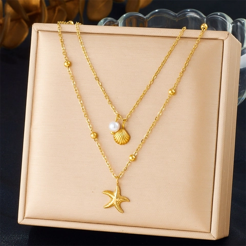Double Layer Stainless Steel Gold Plated Necklace With Starfish Shell Pendant And Faux Artificial Pearl Fashion Jewelry For Women