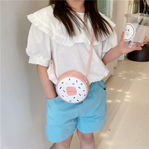 Kids Mini Round Crossbody Bag PU Leather Donut Style Hello Printed Cartoon Cute Girls Shoulder Purse