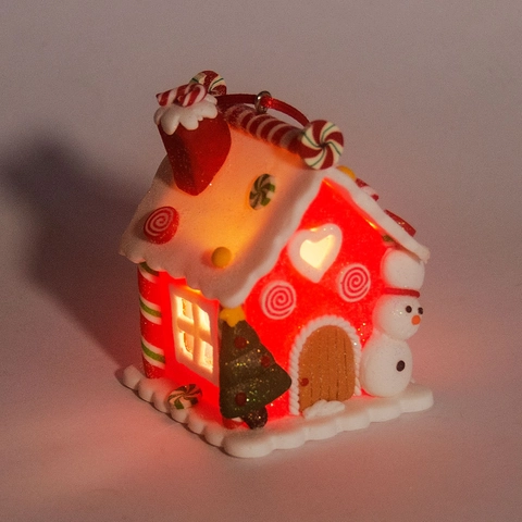 Christmas Gingerbread House Hanging Ornament Polymer Clay Resin LED Light Up Glowing Festive Holiday Tree Decor