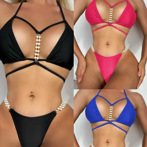 Artificial Pearl Decor Bikini Top And Bottom Halter Triangle Bra Thong Sexy Solid Color Beachwear For Women