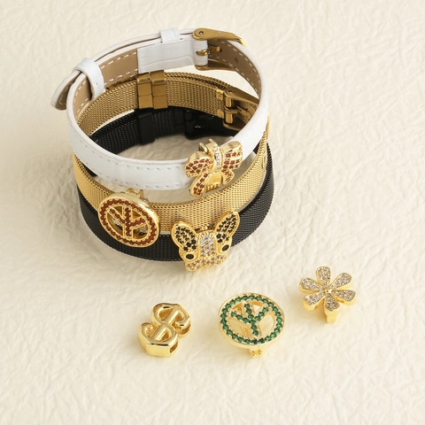 DIY Schiebe Charm Armband Edelstahl Mesh Und Lederband Schleife Hund Friedenszeichen Zirkonia Damen Modeschmuck