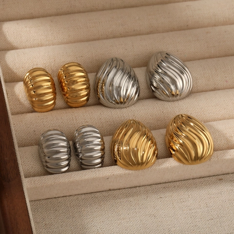 Vintage Stainless Steel Geometric Earrings Spiral Texture Croissant Oval PVD Gold Plated Waterproof Jewelry For Women