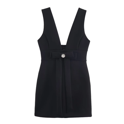 Damen Eleganz Schwarz Tiefem V-Ausschnitt Mini-Kleid Ärmellos Schleifendekoration Mit Strass Für Sommerparty Urlaub