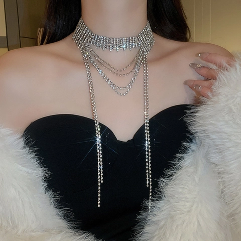 Collier Ras Du Cou À Franges Multi Couches En Cuivre Avec Strass Brillants Bijoux De Fête Pour Femmes