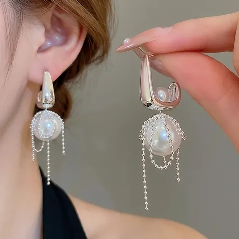 Elegant Artificial Pearl Tassel Drop Earrings With Silver Earring Post Beaded Chain Fringe Bow Design Fashion Jewelry For Women