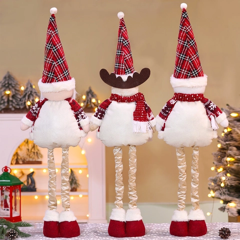 Ornement De Poupée En Peluche De Noël Jambes Télescopiques Carreaux Rouges Père Noël Bonhomme De Neige Renne Décoration