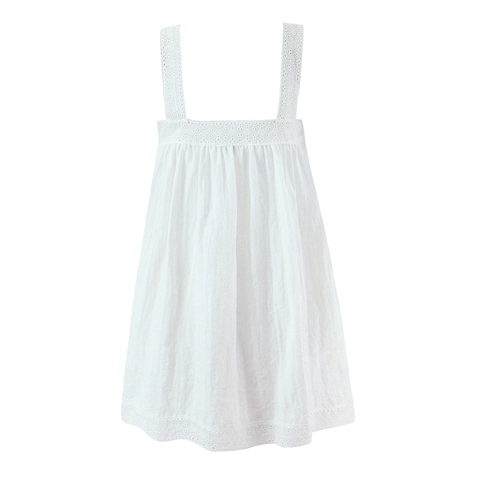 Damen Weißes Spitzenkleid Spaghettiträger Minikleid Baumwolle Viskose Mischung Eckiger Ausschnitt Lochstickerei Lolita Stil