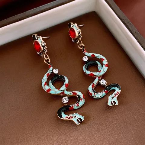 Pendientes Colgantes Forma Serpiente Vintage Esmalte Strass Gema Roja 925 Plata De Ley Para Mujeres