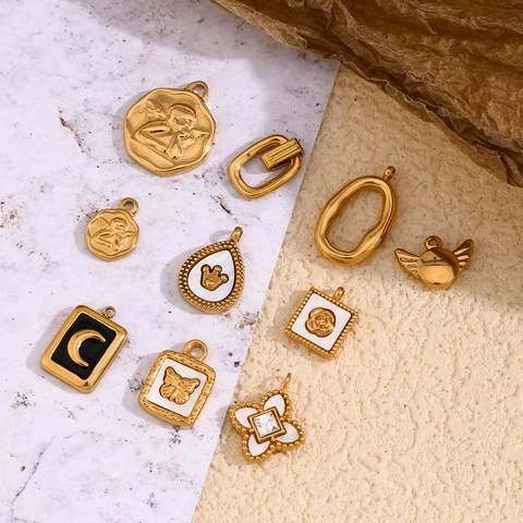 Retro DIY Jewelry Charms Stainless Steel 18K Gold Plated Cupid Butterfly Moon Ladybug Camellia Enamel Shell Pendants