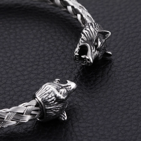 Men Wolf Head Braided Open Cuff Bracelet Stainless Steel Viking Nordic Retro Bangle Jewelry