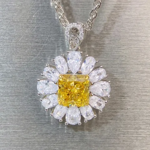 Collana con Ciondolo a Girasole in Argento Sterling 925 Zirconia Taglio Radiant Giallo Verde Rosa Pietra Lusso Gioielli per Donna