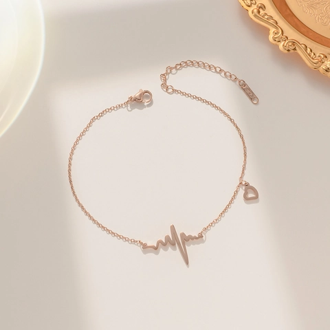 Bracciale Minimalista in Acciaio Inossidabile Oro Rosa ECG Battito Cardiaco per Donna Pendente a Cuore Regolabile Gioielli