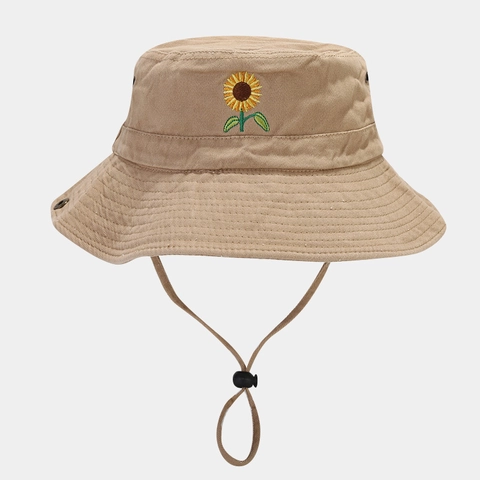 Sunflower Embroidered Cotton Bucket Hat Outdoor Wide Brim Adjustable Windproof Rope Korean Style Casual Sun Protection