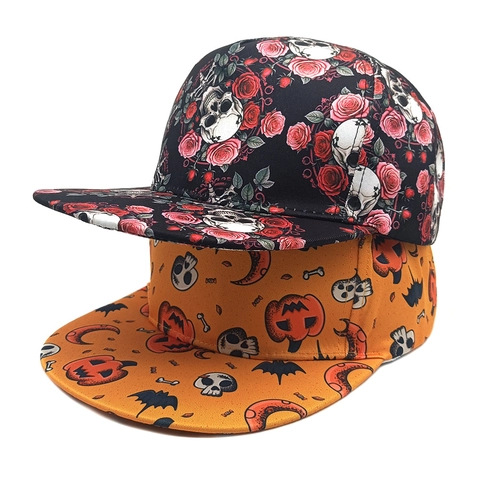 Flat Brim Baseball Cap Halloween Schedel Roos Pompoen Print Polyester Hip Hop Snapback Streetwear Hoed Voor Dames Heren