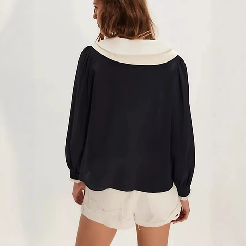 Franse Retro Damesblouse Met Lange Mouwen Contrast Peter Pan Sailor Kraag Strik Chiffon Shirt Casual Top Elegant