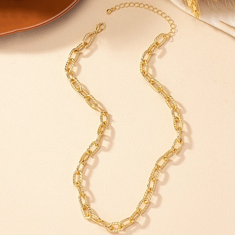 Collana A Catena Grossa Texturizzata Lega Tono Oro Maglie Ovali Punk Hip Hop Gioielli Stile Vintage Regolabile Donna