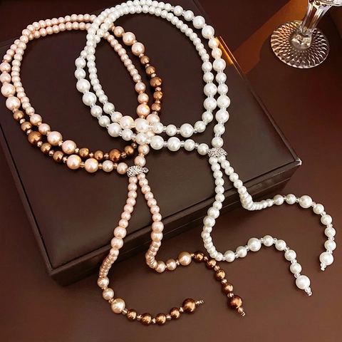 Vintage Lange Kunstperlenkette Mit Strass Legierung Verschluss Elegante Quaste Pullover Kette Damen Schmuck