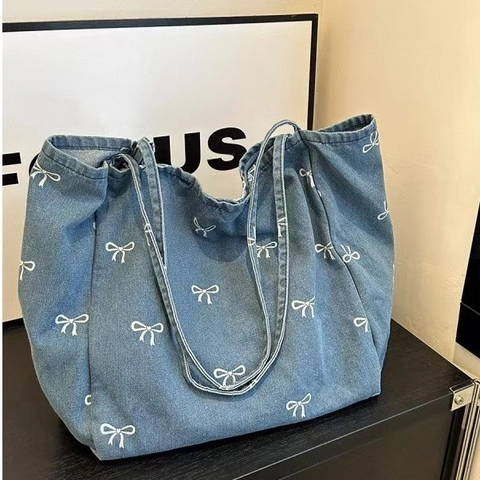 Dames Urban Simple Denim Tote Bag Grote Capaciteit Strik Print Met Kant Versiering Vintage Blauw Casual Schoudertas Handtas