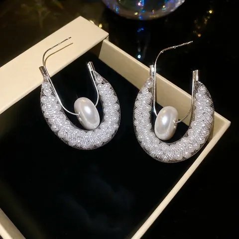 U-Förmige Creolen Aus Mesh Mit Eingewickelten Künstliche Perlen Luxus Chic Schmuck Für Damen Mit Silver Earring Post