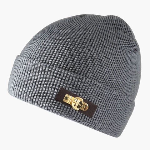 Bonnet En Tricot Chaud Acrylique Côtelé Avec Patch En Cuir Et Boucle Métallique Rétro Industriel Unisexe Tendance