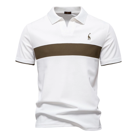 Polo Homme Manches Courtes Tissu Piqué Respirant Broderie Girafe Coutures Contrastées Revers Décontracté Mode