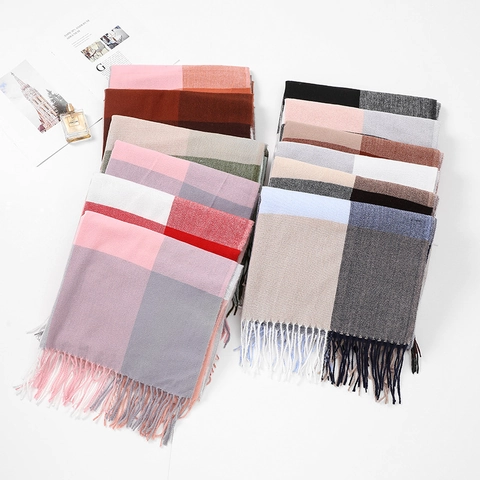 Women Plaid Scarf Autumn Winter Warm Scarf Thick Imitation Cashmere Large Shawl With Tassel Fringe Soft Polyester Scarf Wrap