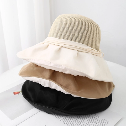 Women Straw Sun Hat Wide Brim UV Protection Bucket Hat With Bow Vinyl Lining Foldable Summer Beach Adjustable