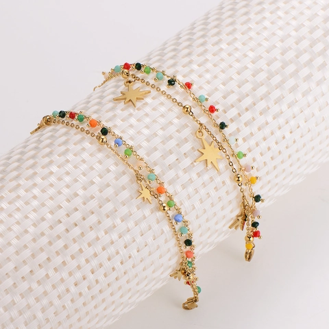 Double Layer Stainless Steel Bracelet Colorful Beads Eight Pointed Star Pendants Bohemian Rainbow Style Women Jewelry