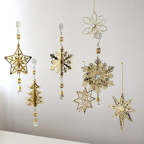 Ornamenti Appesi Di Natale Metallo Cavo Fiocco Di Neve Stella Albero Con Perle Di Cristallo Decorazione Festiva