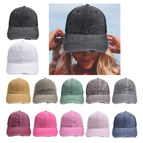 Distressed Trucker Hat Washed Cotton Mesh Breathable Sun Protection Vintage Retro Streetwear Unisex Adjustable Baseball Cap