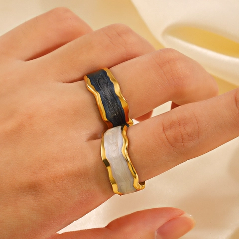 Anillo De Esmalte De Acero Inoxidable Para Mujer Chapado En Oro Borde Ondulado Irregular Abierto Ajustable Geométrico Estilo Retro Francés Joyería