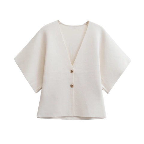 Women Knitted Cardigan Short Sleeve V Neck Buttons Solid Color Loose Casual Knit Top Soft Polyester