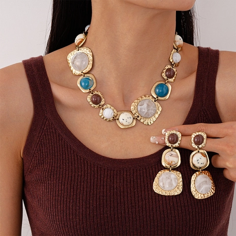 Parure Collier Boucles d'oreilles Géométrique Vintage Bohème Alliage Or Résine Marbre Clou d'oreille Argent Femmes