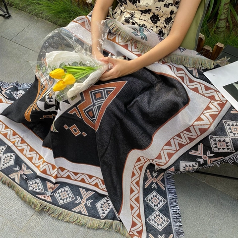 Bohemian Ethnic Woven Throw Blanket Cotton Geometric Pattern Tassel Fringe For Outdoor Camping Picnic Sofa Couch Decor